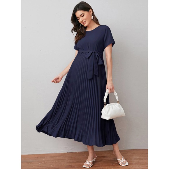 Maternity Self Belted Pleated Dress - Picture 1 of 8